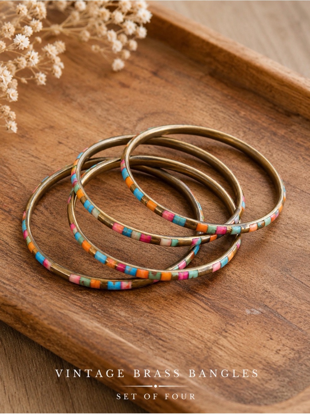 Vintage Brass Multicolor Mosaic Inlay Bangle Bracelet Set of 4